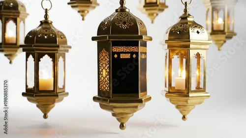 Golden lanterns with glowing candles ornate design overhead shot white background