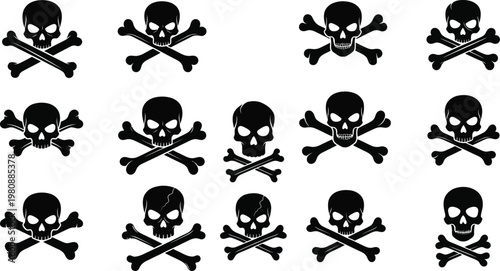 Collection of black skull and crossbones on white background