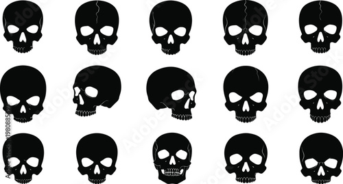 Fifteen black skull silhouettes in a grid pattern on a white background