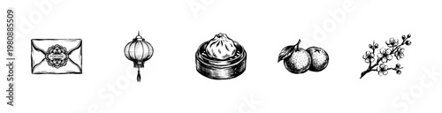 Chinese New Year Cultural Elements and Lunar Festival Decorations with Hand-Drawn Inky Brush Strokes and Fluid Calligraphic Outlines