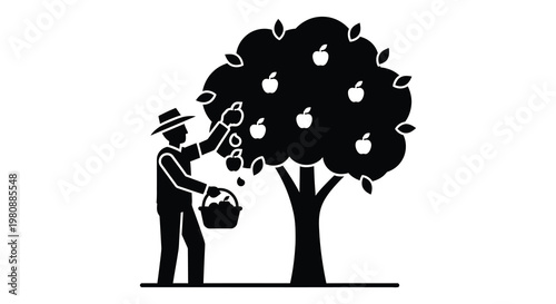 A farmer harvests ripe apples from a tree reaching up with a basket depicted in a striking silhouette high quality professional