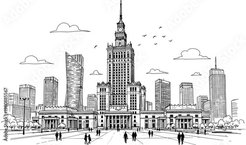 Black and white line art sketch of the Palace of Culture and Science in Warsaw Poland featuring the city skyline,