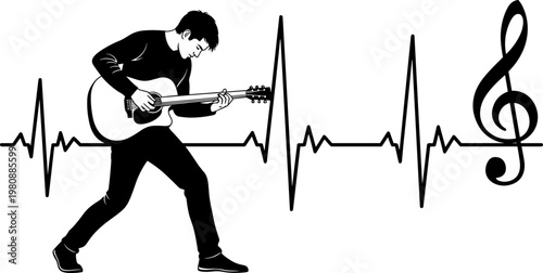Black vector illustration of a man playing acoustic guitar integrated with a heartbeat pulse line and musical treble clef symbol,