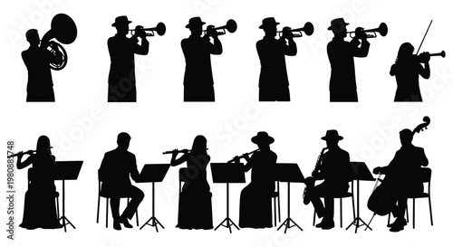 A black and white collection depicting a jazz band and string quartet in a striking silhouette high quality professional detailed modern
