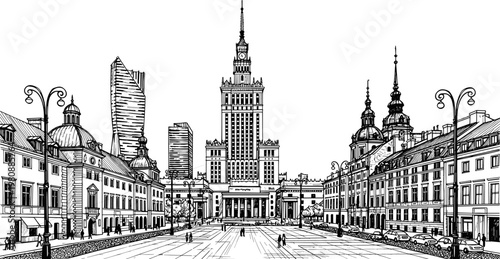 Warsaw City Panorama With Palace Of Culture And Science Skyscraper Historic Buildings And Street Lights Vintage Architecture Vector Illustration Isolated