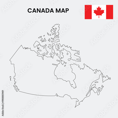 A black and white line drawing of a Canada map with the Canadian flag in the corner