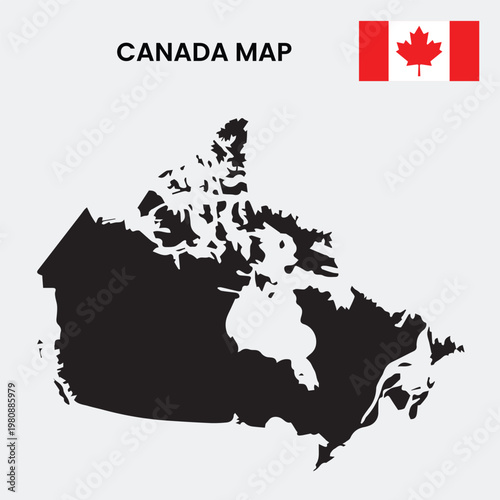 A black silhouette map of Canada with the Canadian flag in the corner