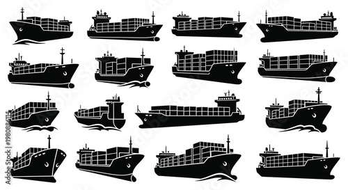 A collection of various cargo ships and ocean liners presented in a striking black silhouette high quality professional detailed modern elegant