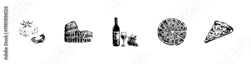 Italian Travel Landmarks and Traditional Food Elements with Inky Hand-Drawn Brush Strokes and Artistic Ink Wash Texture