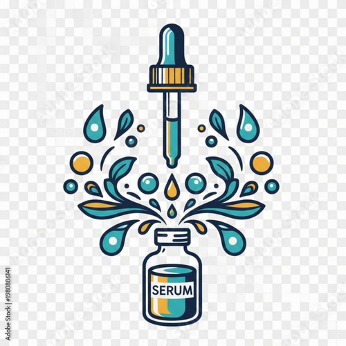 Serum Bottle with Ornamental Drops and Leaf Elements Flowing from Pipette, Bold Stylized Beauty Illustration, Raster Icon PNG on Clean Background