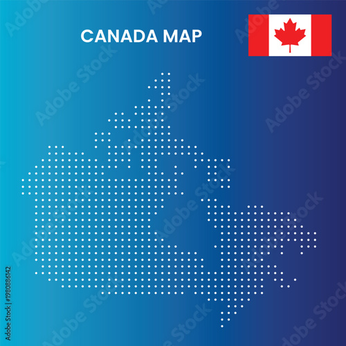 A map of Canada made up of small white dots on a blue background with the Canadian flag