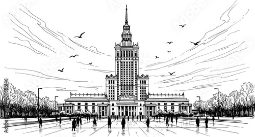 Palace Of Culture And Science In Warsaw Poland Skyscraper Building With People In City Square Vintage Architecture Vector Illustration Isolated