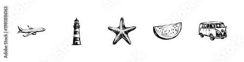 Summer Vacation and Beach Holiday Elements with Hand-Drawn Inky Doodle and Organic Sketchy Fluidity.