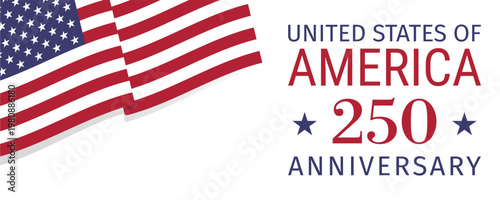 USA 250 Anniversary banner with waving American flag and bold typography. Minimalist vector banner for patriotic events, national holidays, and commemorative celebrations