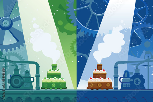 Cake Factory Night Shift Scene Vector Illustratio