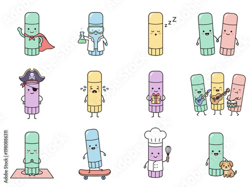 Cute lip balm characters set doing various activities vector illustration