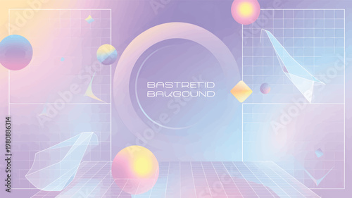 Abstract gradient background, with floating spheres, geometric wireframe grids, and translucent 