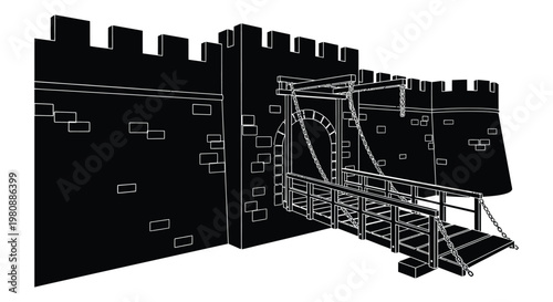 A detailed drawing depicts a medieval castle gate and surrounding walls in a striking black silhouette high quality professional modern elegant