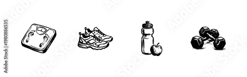 Fitness and Healthy Lifestyle Equipment Set with Fluid Engraving Style and Hand-Drawn Sketchy Style