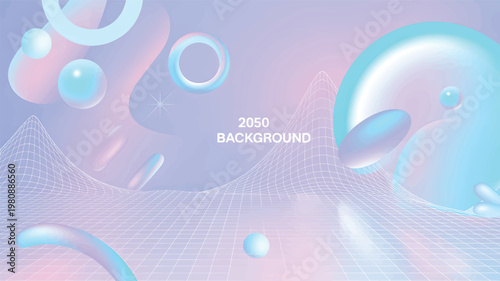Pastel gradient background, with 3 d, floating spheres, rings, and a white, wireframe landscape