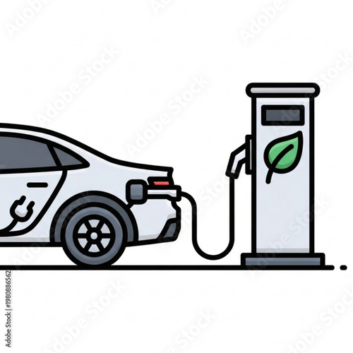 Electric Car Connected to Charging Station with Leaf Symbol on Clean Solid Background, Eco Friendly Transport Raster Icon