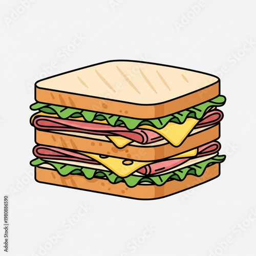 Layered Sandwich with Meat, Cheese and Lettuce on Clean White Background, Fast Food Vector Icon PNG