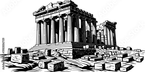 Ancient Greek Parthenon Temple At Acropolis Of Athens With Stone Ruins And Columns Vintage Architecture Vector Illustration Isolated On White