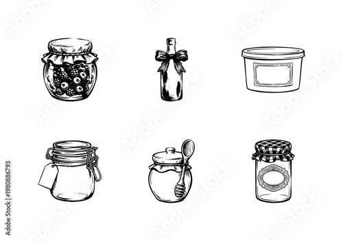Kitchen Food Jars and Glass Storage Containers with Inky Doodle and Hand-Drawn Sketchy Style for Pantry Organization and Preserves