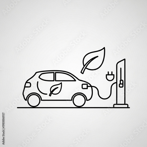 Electric Car Connected to Charging Station with Leaf Symbol on Clean Solid Background, Eco Friendly Transport Raster Icon