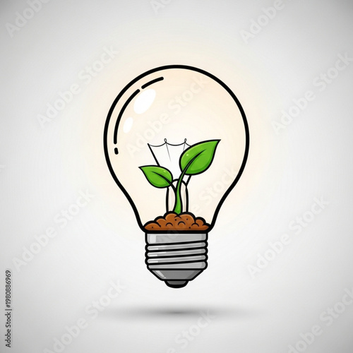 Glowing Lightbulb with Plant Sprouting Inside on Clean Solid Background, Eco Innovation and Sustainable Idea Raster Icon