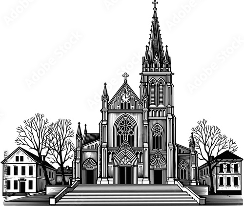 Large Gothic Cathedral Building With Tall Spire Clock Tower And Stone Steps Vintage Architecture Vector Illustration Isolated On White Background