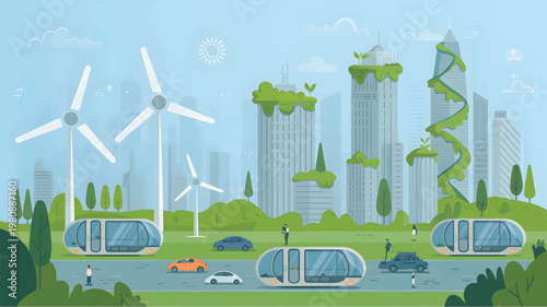 An eco-friendly city with wind turbines, green skyscrapers, and autonomous shuttle pods on a road