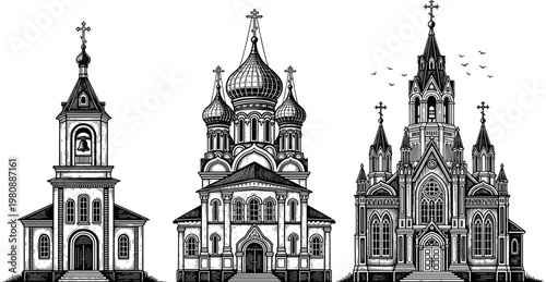 Orthodox Christian Church Buildings Set With Onion Domes Bell Towers And Crosses Vintage Russian Architecture Vector Illustration Isolated On White