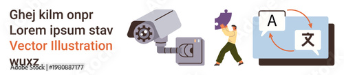 Surveillance, privacy, translation, globalization, communication, identity verification. High-tech camera and person with language interface. Cybersecurity and translation concepts