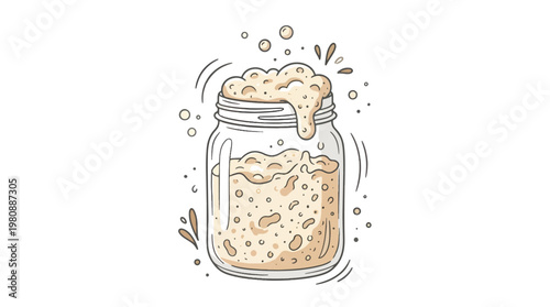 Active Sourdough Starter in Jar Bubbling Fermentation Hand Drawn Doodle Vector