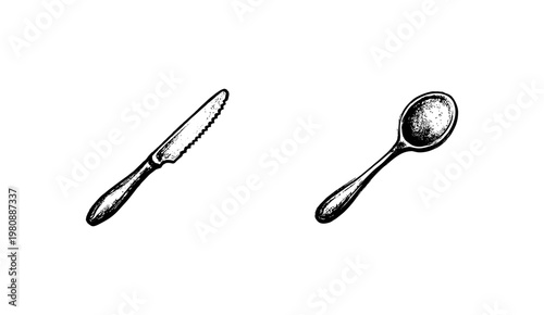 Classic Dining Cutlery and Elegant Kitchen Silverware with Ornate Hand-Drawn Engraving Style and Vintage Etched Details