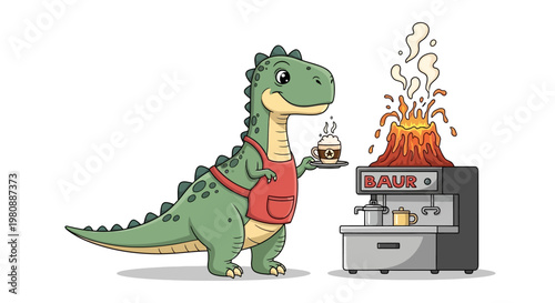Cute cartoon dinosaur barista holding coffee beside erupting espresso machine.