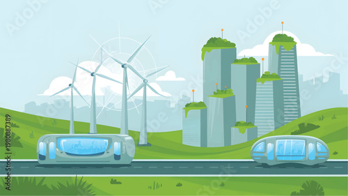 Futuristic city with wind turbines, green skyscrapers, and autonomous pod vehicles on a road