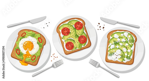 Three avocado toast variations on plates illustration.