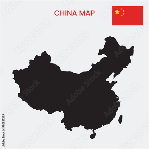 A black silhouette map of China with the Chinese flag on a white background