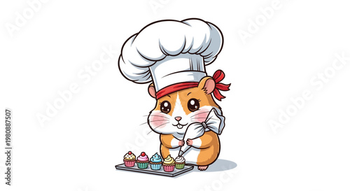 Cute hamster chef piping frosting onto cupcakes.