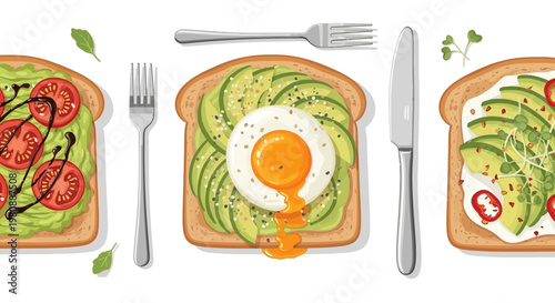 Avocado toast slices with egg tomato and chili.