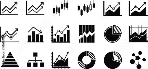 Graphs illustrating diverse analytical data formats provide a comprehensive collection of icons for professional presentations.