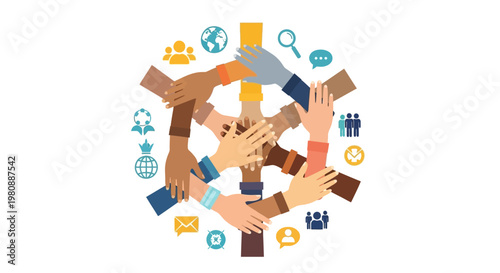 Diverse hands joining in supportive teamwork circle.