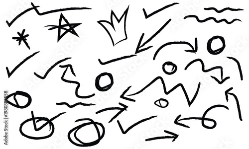 abstract red hand drawn doodle shape design, brush hand drawn star arrow check mark design.