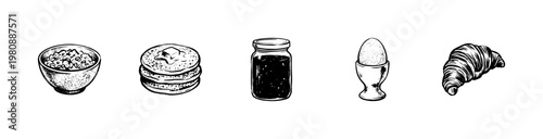 Breakfast Food and Morning Beverage Elements with Hand-Drawn Inky Brush Strokes and Organic Textures