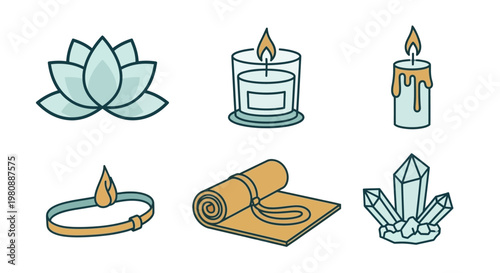 Hand drawn wellness icon set with lotus candles yoga mat and crystals.