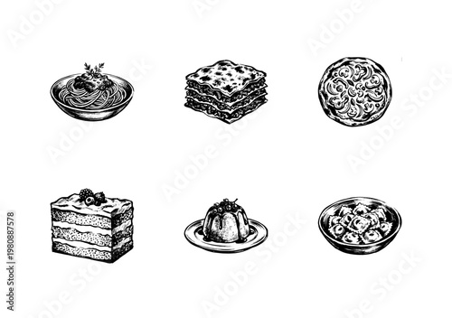 Italian Cuisine Dishes and Traditional Pasta Meals with Inky Brush Strokes in Hand-Drawn Sketchy Style