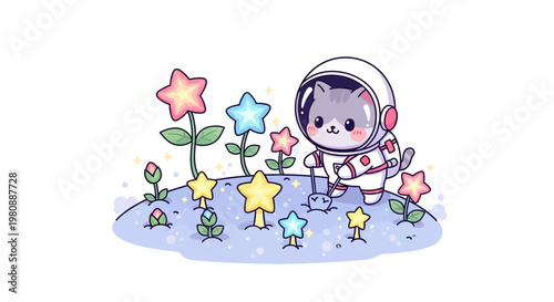 Cute astronaut cat tending glowing star flowers.