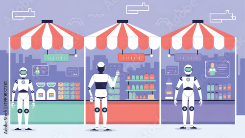 Three white robots standing in front of colorful market stalls with striped awnings and products